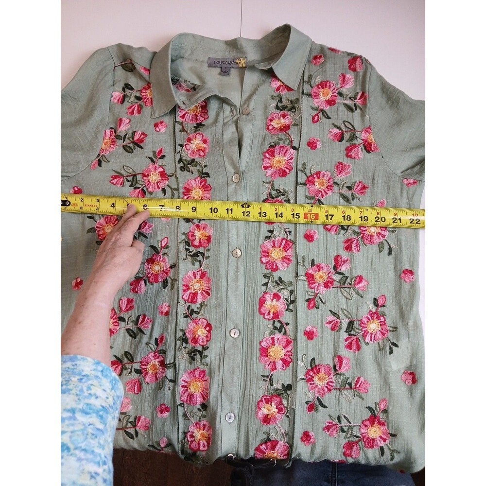 Figueroa & Flower Tunic Blouse Shirt Large Green Floral Embroidered Button Boho - Picture 10 of 14
